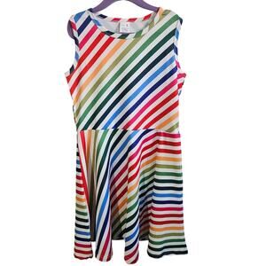 Sleeveless Diagonal Rainbow Stripe Dress Fit & Flare Casual Comfy Summer Girls L